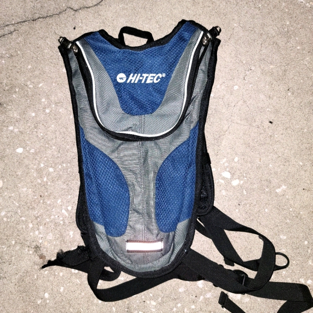 Hi-tech blue grey hydration backpack no bladder